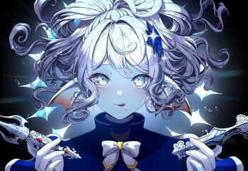 Rule 34 | 1girl, black background, blue capelet, blue eyes, blue skin, bow, capelet, colored skin, commentary request, curly hair, dragon quest, dragon quest x, fins, fish girl, floating clothes, floating hair, gem, glowing, hair ornament, head fins, high ponytail, highres, holding, holding weapon, licking lips, looking at viewer, looking up, mole, mole under mouth, nikon (user aznh7528), ponytail, red gemstone, solo, tongue, tongue out, upper body, weapon, weddie (dq10), white bow, white hair