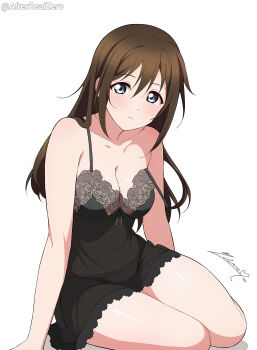 Rule 34 | 1girl, absurdres, alterrealzero, black nightgown, blue eyes, breasts, brown hair, highres, long hair, looking at viewer, love live!, love live! nijigasaki high school idol club, nightgown, osaka shizuku, see-through clothes, see-through nightgown, simple background, solo, strap slip, white background