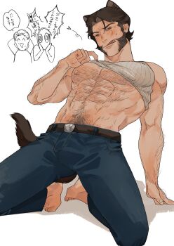 3boys :q abs animal_ears arm_hair barefoot belt blush brown_belt brown_hair cat_boy cat_ears cat_tail chest_hair deadpool deadpool_(series) denim dual_persona facial_hair green_eyes hairy heart highres jeans kneeling large_pectorals lifting_own_clothes looking_at_another looking_at_viewer male_focus male_pubic_hair marvel multiple_boys muscular muscular_male nipples pants pectorals pubic_hair sitting speech_bubble sweatdrop tail tank_top tongue tongue_out translation_request wariza wolverine_(x-men) wonpese x-men x-men_film_series x-men_origins:_wolverine yaoi