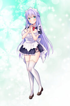 1girl black_dress blue_eyes bow bowtie braid breasts cleavage cleavage_cutout clothing_cutout commentary_request crown_braid dress full_body highres large_breasts maid maid_headdress merupero miyahana_yu_(artist) own_hands_clasped own_hands_together purple_eyes red_bow red_bowtie second-party_source short_dress solo thighhighs white_thighhighs