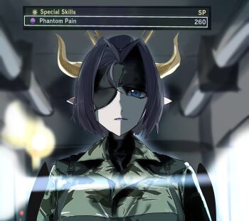 1girl absurdres big_boss big_boss_(cosplay) black_hair blue_eyes blurry blurry_background breasts cosplay daaku_(koizumi_arata) demon_girl demon_horns digimon digimon_(creature) digimon_story:_time_stranger eyepatch game_screenshot_inset green_jacket highres horns indoors jacket large_breasts lilithmon metal_gear_(series) metal_gear_solid_v:_the_phantom_pain name_connection pointy_ears solo upper_body