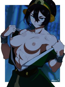 1girl abs armpits artist_name avatar:_aang_the_last_airbender avatar_legends bare_shoulders black_hair border bracelet breasts commentary english_commentary green_hairband grey_eyes haennx hair_between_eyes hair_bun hairband highres jewelry light_smile medium_breasts muscular muscular_female navel night nipples outdoors sidelocks single_hair_bun solo sweatdrop toph_beifong twitter_username undressing upper_body white_border