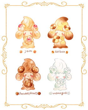 Rule 34 | absurdres, alcremie, alternate color, checkerboard cookie, chocolate, colored pencil (medium), commentary request, cookie, food, full body, gen 8 pokemon, highres, holding, holding food, jam, meringue, nintendo, no humans, painting (medium), pokemon, pokemon (creature), simple background, smile, thumbprint cookie, traditional media, watercolor (medium), white background, yukichi 0611