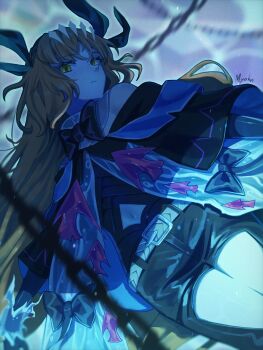 1girl arknights belt black_bow black_bowtie black_capelet black_pants black_ribbon bow bowtie capelet chain closed_mouth clothing_cutout commentary_request e.g.o_(project_moon) green_eyes hair_ribbon highres ishmael_(project_moon) limbus_company long_hair looking_at_viewer myohn off-shoulder_capelet orange_hair pants project_moon ribbon sidelocks solo thigh_cutout tidal_elegy_(e.g.o) very_long_hair white_belt