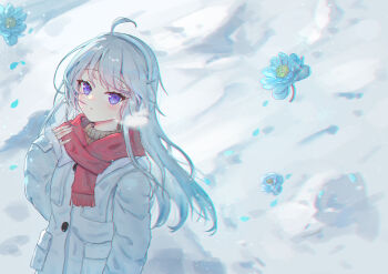 1girl absurdres ahoge arm_at_side blue_flower blush breath chromatic_aberration coat commentary day elaina_(majo_no_tabitabi) floating_flowers floating_hair flower from_above grey_hair hand_up highres huaijiu long_hair looking_at_viewer majo_no_tabitabi outdoors parted_lips petals purple_eyes red_scarf scarf sleeves_past_wrists snow solo standing upper_body white_coat white_hair winter winter_clothes winter_coat