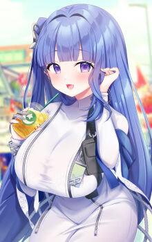 1girl :d arcana_(nikke) blue_hair blurry blurry_background bodysuit breasts commentary_request covered_collarbone cup depth_of_field disposable_cup drink drinking_straw goddess_of_victory:_nikke hair_intakes hand_up highres holding holding_cup large_breasts looking_at_viewer one_side_up open_mouth purple_eyes smile solo white_bodysuit yomogi_(becr)
