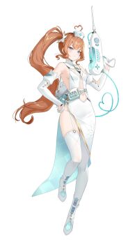 1girl absurdres ahoge ankle_boots aqua_dress bare_shoulders blue_eyes blush boots breasts brown_hair closed_mouth clothing_cutout damiana_(starseed) dress elbow_gloves f.k_(hs225kr) floral_print full_body garter_straps gloves hand_on_own_hip hand_up hat heart heart_ahoge highres holding holding_weapon korean_commentary legs long_hair looking_at_viewer mini_hat multicolored_dress navel navel_cutout nurse_cap official_art side_ponytail sidelocks simple_background sleeveless sleeveless_dress small_breasts solo starseed:_asnia_trigger tachi-e thighhighs thighs two-tone_dress weapon white_background white_boots white_dress white_gloves white_hat white_thighhighs