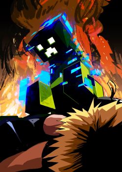 absurdres after_battle angry_birds aura bomb_(angry_birds) bomb_devil_(chainsaw_man) chainsaw_man charged_creeper creeper crossover defeat face_in_shadow fire full_body glowing glowing_eyes highres minecraft primusibi smoke solo_focus spiked_hair standing_on_person trampling