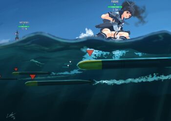 Rule 34 | 1girl, absurdres, black eyes, black hair, blue sailor collar, blue skirt, blue sky, buoy, character name, commentary request, dated, day, female focus, fubuki (kancolle), highres, kantai collection, laminar flow, long hair, low ponytail, outdoors, pleated skirt, ponytail, rigging, sailor collar, school uniform, serafuku, short ponytail, sidelocks, signature, skirt, sky, solo, torpedo, water, world of warships