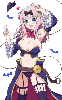 1girl :d absurdres arm_up armpits bat_background belt bikini black_bow blue_bikini blue_eyes blue_sleeves blue_thighhighs blunt_bangs blush bow bowtie breasts brown_belt cleavage cosplay covered_erect_nipples cowboy_shot crisis_management_form_(machikado_mazoku) curled_horns demon_girl demon_horns demon_tail detached_collar detached_sleeves double_v eggman_(ni_tamagoex) frilled_sleeves frills fujiwara_chika garter_straps hair_bow hand_up heart highres horns kaguya-sama_wa_kokurasetai_~tensai-tachi_no_renai_zunousen~ kohara_konomi large_breasts large_variant_set long_hair looking_at_viewer machikado_mazoku navel open_mouth pink_hair red_bow red_bowtie revealing_clothes showgirl_skirt simple_background small_sweatdrop smile solo stomach strapless strapless_bikini swimsuit tail thighhighs v v-shaped_eyebrows v_over_head variant_set voice_actor_connection waist_cape white_background wide_sleeves yoshida_yuuko yoshida_yuuko_(cosplay)