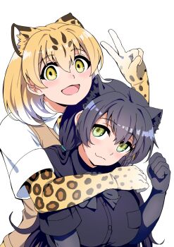 2girls animal_ear_fluff animal_ears animal_print arm_around_shoulder behind_another black_gloves black_hair black_leopard_(kemono_friends) black_shirt blonde_hair bow bowtie breast_pocket brown_hair closed_mouth collared_shirt colored_inner_hair elbow_gloves extra_ears gloves green_eyes hand_up highres hug hug_from_behind kemono_friends leopard_(kemono_friends) leopard_ears leopard_print long_hair looking_at_viewer mamiyama medium_hair multicolored_hair multiple_girls open_mouth pocket print_gloves shirt short_sleeves siblings simple_background sisters smile sweater_vest upper_body v white_background white_hair white_shirt wing_collar yellow_eyes