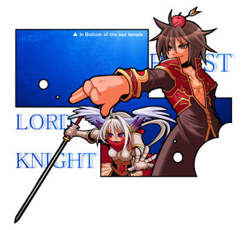 1boy 1girl 2000s_(style) 2009 apple_on_head armor arrow_through_apple belt black_belt black_coat boobplate breastplate brown_eyes brown_hair character_name closed_mouth coat commentary_request cross cross_necklace cross_of_prontera english_text feathered_wings grey_hair grey_wings head_wings holding holding_sword holding_weapon jewelry long_hair long_sleeves looking_afar lord_knight_(ragnarok_online) multicolored_coat necklace pauldrons priest_(ragnarok_online) purple_eyes purple_wings ragnarok_online red_coat red_scarf ryuu_(5lden_age) scarf short_hair shoulder_armor smile spiked_gauntlets spiked_hair sword two-tone_coat upper_body weapon wings