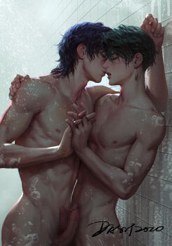 2boys bath blush breast_press censored closed_eyes diamond_wa_kudakenai earrings erection green_hair hand_on_another&#039;s_shoulder higashikata_josuke highres holding_hands interlocked_fingers jewelry jojo_no_kimyou_na_bouken kdash kishibe_rohan kiss male_focus messy_hair multiple_boys nipples nude pectoral_docking pectoral_press pectorals penis penises_touching purple_hair same-sex_bathing shared_bathing symmetrical_docking testicles wet wet_hair yaoi