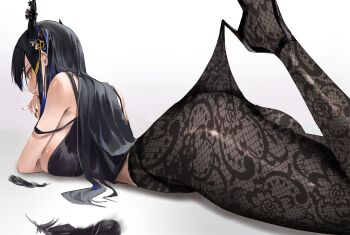 1girl absurdres ass asymmetrical_horns black_hair blue_hair blush breasts colored_inner_hair demon_horns feet_up floral_print_pantyhose highres hololive hololive_english hooked_on_heel horns lace_pantyhose lace_pantyhose_hooked_on_heel_(meme) large_breasts legs_up long_hair looking_at_viewer lying meme mole mole_under_eye multicolored_hair nerissa_ravencroft on_stomach red_eyes the_pose two-tone_hair uneven_horns virtual_youtuber zargaz