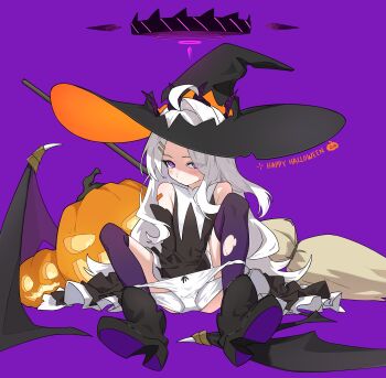 1girl absurdres bikini_bottom_pull black_halo blue_archive blush demon_girl demon_horns demon_wings halloween halo hat highres hina_(blue_archive) horns kasahara_154 long_hair looking_at_viewer low_wings panties panty_pull pumpkin purple_background purple_eyes simple_background sitting underwear very_long_hair white_hair white_hat white_panties wings