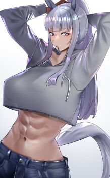 1girl abs absurdres animal_ears arms_behind_head breasts commentary_request cropped_hoodie denim gold_ship_(umamusume) grey_hair grey_hoodie hair_tie_in_mouth highres hood hoodie horse_ears horse_girl horse_tail jeans jitome_no_tsugumi large_breasts mouth_hold multicolored_hair muscular muscular_female navel pants ponytail purple_eyes purple_hair solo stomach sweatdrop tail two-tone_hair tying_hair umamusume