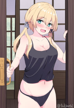 1girl anchor_hair_ornament black_panties black_tank_top blonde_hair blue_eyes blush breasts cowboy_shot door hair_ornament highres kantai_collection large_breasts long_hair looking_at_viewer low_twintails navel nose_blush open_mouth panties prinz_eugen_(kancolle) smile solo tank_top tsukimoto_reiji twintails underwear