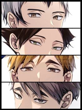 4boys absurdres black_border black_hair blonde_hair border brown_eyes brown_hair commentary_request grey_eyes grey_hair haikyuu!! hair_between_eyes highres kita_shinsuke male_focus miya_atsumu miya_osamu multicolored_hair multiple_boys short_hair slit_pupils suna_rintarou two-tone_hair white_background zero_shir0