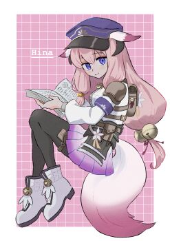 1girl absurdres animal_ears armor backpack bag bell black_pantyhose book boots border character_name commentary_request conachun fox_girl fox_tail from_side full_body hair_bell hair_ornament highres hina_(rune_factory) holding holding_book horns invisible_chair long_hair long_sleeves looking_at_viewer low-tied_long_hair open_book outside_border pantyhose pauldrons pink_background pink_hair pleated_skirt purple_eyes purple_skirt rune_factory rune_factory:_guardians_of_azuma shirt shoulder_armor sitting skirt smile solo tail white_boots white_border white_shirt