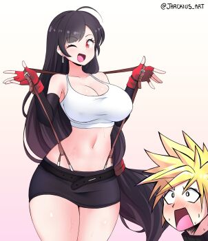 1boy 1girl absurdres bare_shoulders black_hair black_skirt black_sleeves blonde_hair blush breasts cleavage cloud_strife collarbone commentary covered_erect_nipples cowboy_shot crop_top detached_sleeves earrings english_commentary final_fantasy final_fantasy_vii fingerless_gloves gloves gradient_background highres jarckius jewelry large_breasts long_hair looking_at_another looking_at_viewer low-tied_long_hair midriff miniskirt navel one_eye_closed open_mouth pencil_skirt red_eyes red_gloves skirt spiked_hair suspender_skirt suspenders suspenders_pull sweat tank_top thighs tifa_lockhart twitter_username very_long_hair white_tank_top wide_hips
