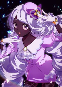 1girl \||/ arm_up ascot black_background bow brooch cowboy_shot dark-skinned_female dark_skin dress fascinator fishnet_pantyhose fishnets frilled_ascot frilled_dress frills gem glove_bow gloves gold_ring hand_to_own_mouth hand_up heart heart_ring highres jacinthe_(pokemon) jewelry juliet_sleeves leaning_forward long_hair long_sleeves looking_at_viewer low_drills mega_stone nintendo open_mouth pantyhose pokemon pokemon_legends:_z-a puffy_sleeves purple_dress purple_eyes purple_hair smile solo sparkle very_dark_skin wasabi_yttd white_gloves yellow_bow