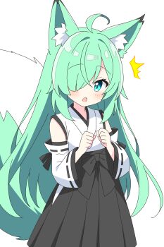 Rule 34 | 1girl, ^^^, ahoge, animal ear fluff, animal ears, bare shoulders, black hakama, blue eyes, blush, commentary request, cowboy shot, detached sleeves, dot nose, fox ears, fox girl, fox tail, green-haired fox girl (kotatsu-mazoku), green hair, hair over one eye, hakama, hakama skirt, hands up, highres, japanese clothes, kimono, kotatsu-mazoku, long hair, long sleeves, looking at viewer, open mouth, original, ribbon-trimmed sleeves, ribbon trim, simple background, skirt, sleeveless, sleeveless kimono, solo, tail, white background, white kimono, white sleeves, wide sleeves