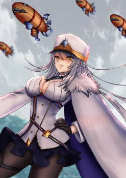 1girl absurdres aircraft artist_name azur_lane black_gloves black_pantyhose breasts cleavage command_&amp;_conquer command_&amp;_conquer:_red_alert command_&amp;_conquer:_red_alert_2 command_&amp;_conquer:_red_alert_3 commentary dirigible english_commentary fur_trim gloves hand_on_own_hip hat highres kirov_(azur_lane) kirov_airship large_breasts long_hair long_sleeves name_connection nose_art pantyhose shark_nose_art shark_print silver_hair sky smile tabathaviltaria yellow_eyes