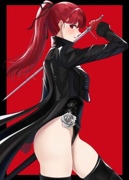 1girl absurdres black_border black_jacket black_ribbon border commentary_request from_side gloves hair_ribbon highres jacket leotard long_sleeves looking_at_viewer mino_(miiiinon611) outside_border persona persona_5 persona_5_the_royal ponytail profile red_background red_eyes red_gloves red_hair ribbon simple_background solo sword thighs violet_(persona_5) weapon yoshizawa_kasumi