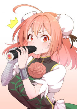 1girl ^^^ ahoge bandaged_arm bandages black_tabard breasts bun_cover commentary_request double_bun eating ehoumaki flower food futa_(nabezoko) green_skirt hair_bun highres ibaraki_kasen large_breasts looking_at_viewer makizushi pink_flower pink_hair pink_rose red_eyes rose shirt skirt solo sushi sweatdrop tabard touhou white_shirt