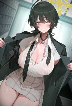 1girl black_hair black_jacket black_necktie blue_archive blush breasts cleavage collared_shirt colored_nipples commentary_request covered_erect_nipples curvy dishwasher1910 facing_viewer fuyu_(blue_archive) grey_skirt gun halo handgun highres huge_breasts jacket large_breasts looking_at_viewer miniskirt mole mole_under_eye narrow_waist necktie nipple_visible_through_shirt no_bra open_clothes open_jacket see-through_clothes see-through_shirt shiny_skin shirt shirt_tucked_in short_hair skirt smile sweat thick_thighs thighs twitter_username weapon white_shirt yellow_eyes yellow_halo