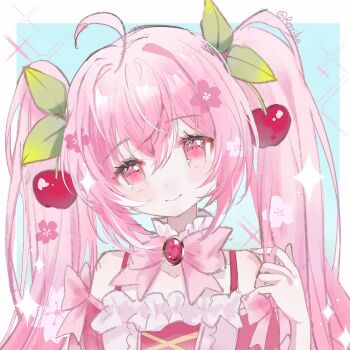 1girl ahoge bare_shoulders blue_background blush border bow bowtie brooch center_frills cherry_hair_ornament closed_mouth collarbone commentary cross-laced_clothes cross-laced_top double-parted_bangs flower food-themed_hair_ornament frilled_shirt frills hair_between_eyes hair_flower hair_ornament hand_in_own_hair hand_up hatsune_miku head_tilt highres jewelry long_hair looking_at_viewer nail_polish off-shoulder_shirt off_shoulder outside_border pink_bow pink_bowtie pink_eyes pink_flower pink_hair pink_nails pink_shirt portrait rrrrika sakura_miku shirt simple_background smile sparkle straight-on symbol-only_commentary twintails twitter_username vocaloid white_border