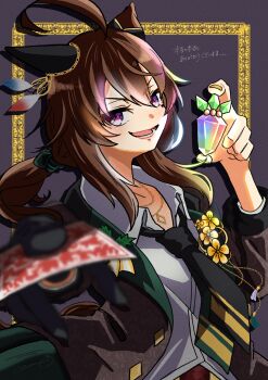 1girl absurdres ahoge animal_ears black_gloves black_necktie blush breasts brown_hair carat_(umamusume) card chamo_(ch22226) collared_shirt ear_covers gloves hair_between_eyes highres holding holding_card jacket jewelry long_hair long_sleeves looking_at_viewer nakayama_festa_(festival_game)_(umamusume) necklace necktie official_alternate_costume open_clothes open_jacket open_mouth playing_card purple_eyes shirt single_ear_cover single_glove smile solo umamusume upper_body