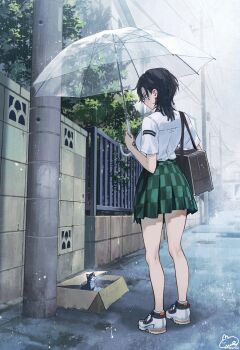 1girl baby_animal bag black_hair box cat collared_shirt commentary_request from_behind gate green_skirt highres holding holding_umbrella kitten leaf looking_down medium_hair miniskirt original power_lines road school_bag school_uniform shirt shirt_tucked_in shoes short_sleeves skirt sneakers solo standing street syuri22 transparent transparent_umbrella umbrella utility_pole white_hair