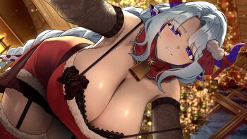 1girl absurdres animal_ears black_gloves blue_eyes breasts cleavage closed_mouth commentary cow_ears cow_girl cow_horns cow_tail dress elbow_gloves english_commentary fur-trimmed_thighhighs fur_trim gloves grey_hair highres horns huge_breasts indie_virtual_youtuber long_hair looking_at_viewer miilkywayz mole mole_on_breast mole_under_mouth red_thighhighs santa_costume santa_dress second-party_source smile solo tail thighhighs tongari_kin very_long_hair