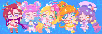 5girls :d :o ;d absurdres ahoge ankle_boots ankle_bow ankle_ribbon aqua_hair aqua_nails aqua_streaks ascot asymmetrical_bangs asymmetrical_hair bare_shoulders beads beehive_hairdo blonde_hair blue_background blue_eyes blue_sandals blue_streaks blush blush_stickers boots border bow bow_earrings brooch bubble_skirt chibi chibi_only choker circlet clenched_hand closed_mouth clothing_cutout colored_eyelashes commentary crop_top cure_coral cure_flamingo cure_la_mer cure_papaya cure_summer detached_collar detached_sleeves double-parted_bangs double_bun dress earrings elbow_gloves everyone eyelash_ornament eyelashes facial_mark feather_earrings feathers fingerless_gloves fingernails fishnet_thighhighs fishnets flower food-themed_earrings frilled_skirt frills fruit_earrings full_body gloves gradient_hair green_eyes hair_behind_ear hair_between_eyes hair_bobbles hair_bow hair_bun hair_flower hair_intakes hair_ornament hand_on_own_hip hands_up hat hat_ornament heart heart_facial_mark heart_in_eye heart_on_cheek hibiscus high_heel_sandals high_heels highres ichinose_minori impossible_hair index_finger_raised jewelry knees_together_feet_apart laura_la_mer leg_up leg_warmers leggings long_bangs long_hair looking_at_viewer low_twintails magical_girl miniskirt multi-tied_hair multicolored_hair multicolored_skirt multiple_girls multiple_hair_bows nail_polish natsuumi_manatsu navel neckerchief one_eye_closed open_mouth orange_bow orange_eyes orange_hair orange_neckerchief orange_sailor_collar otannu_(bkdenta) outstretched_arms pact_holder patterned_background pink_ascot pink_bow pink_eyes pink_hair pink_sailor_collar pink_streaks pleated_skirt ponytail pouch precure puffy_detached_sleeves puffy_sleeves purple_choker purple_dress purple_eyes purple_hair purple_sailor_collar purple_shoes red_boots red_hair red_skirt red_thighhighs ribbon sailor_collar sailor_hat sandals shell_brooch shoes side-by-side side_ponytail skirt sleeveless smile socks standing standing_on_one_leg strapless streaked_hair striped_bow suzumura_sango symbol_in_eye takizawa_asuka teeth thick_eyebrows thighhighs toenail_polish toenails toes train_(clothing) triangle_earrings tropical-rouge!_precure tropical_pact tube_top twintails two-tone_hair two-tone_skirt two-tone_tube_top upper_teeth_only very_long_hair w white_border white_bow white_choker white_gloves white_hat white_leggings white_neckerchief white_shoes white_skirt white_sleeves white_socks wing_hair_ornament yellow_bow yellow_choker yellow_leg_warmers yellow_sailor_collar yellow_skirt