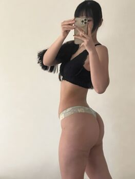 1girl asian ass bare_shoulders black_bra black_hair bra breasts fingernails highleg highleg_panties highres japanese_(nationality) lips long_hair looking_at_viewer model panties pants photo_(medium) ponytail ririkana selfie skindentation small_breasts solo standing thighs thong underwear underwear_only white_panties yoga_pants