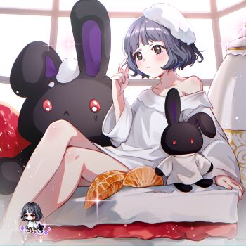 1girl bare_shoulders barefoot black_hair blush brown_eyes cake cake_slice character_request closed_mouth collarbone dress feet_out_of_frame food fruit in_food leafwow long_sleeves maplestory mini_person minigirl nail_polish off_shoulder pink_nails red_eyes reference_inset short_hair sleeves_past_wrists strawberry stuffed_animal stuffed_rabbit stuffed_toy teapot white_dress wide_sleeves