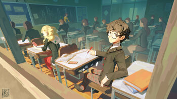 1boy 2girls alina_l amamiya_ren animal black-framed_eyewear black_cat black_eyes black_hair black_jacket black_shoes blazer blonde_hair cat classroom closed_mouth commentary desk english_commentary full_body glasses highres holding holding_pen holding_phone hood hood_down indoors jacket kawakami_sadayo long_hair long_sleeves looking_outside morgana_(cat)_(persona_5) morgana_(persona_5) multiple_girls pants pantyhose paper pen pencil people persona persona_5 phone plaid_clothes plaid_pants red_pantyhose redrawn school school_desk school_uniform shoes short_hair shuujin_academy_school_uniform signature sitting takamaki_anne tuxedo_cat twintails twitter_username white_hood