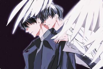 2boys 8d2suga9 black_coat black_hair black_shirt coat feathered_wings floating hair_over_eyes hand_on_another&#039;s_shoulder highres kim_dokja leaning_forward looking_at_another male_focus multiple_boys omniscient_reader&#039;s_viewpoint open_clothes open_coat parted_lips popped_collar shirt short_hair surprised upper_body white_coat white_wings wide-eyed wings yoo_joonghyuk