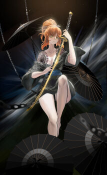 Rule 34 | 1girl, absurdres, bare legs, bare shoulders, black kimono, blue sash, commentary, english commentary, glint, hair bun, hair ornament, hair stick, highres, holding, holding sword, holding weapon, irezumi, ishmael (project moon), japanese clothes, katana, kimono, kurokumo clan (identity) (project moon), limbus company, looking at viewer, nekon (nyanekon), oil-paper umbrella, orange hair, project moon, sash, solo, sword, tattoo, umbrella, weapon