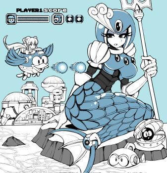 2girls ando606mph armor beat_(mega_man) eyelashes full_body health_bar helmet highres holding holding_polearm holding_weapon mega_man_(classic) mega_man_(series) mermaid monster_girl multiple_girls polearm roll_(mega_man) solo_focus spear splash_woman weapon
