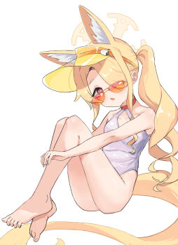 1girl absurdly_long_tail animal_ear_fluff animal_ears bare_legs bare_shoulders barefoot blonde_hair blue_archive breasts chai_shiliu clothing_cutout cross_halo diamond_cutout dot_nose extra_ears feet fox_ears fox_girl fox_tail hair_over_one_eye halo highleg highleg_one-piece_swimsuit highres knees_up loli long_hair looking_at_viewer no_jacket official_alternate_costume official_alternate_hairstyle one-piece_swimsuit one_eye_covered open_mouth orange-tinted_eyewear orange_eyes seia_(blue_archive) seia_(swimsuit)_(blue_archive) side_ponytail simple_background sitting small_breasts solo sunglasses swimsuit tail thighs tilted_head tinted_eyewear toenails toes very_long_hair visor_cap white_background white_one-piece_swimsuit yellow_halo yellow_visor