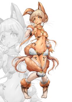 absurdres animal_ear_fluff animal_ears bare_shoulders body_fur body_markings breasts brown_eyes brown_hair commentary_request detached_sleeves different_zoom_layer digitigrade finger_to_mouth full_body fur-trimmed_sleeves fur-trimmed_thighhighs fur_trim heart heart_in_eye highres medium_breasts medium_hair monster_girl navel organic_bra original rabbit_ears rabbit_girl shitoi_(aqua1487) sidelocks symbol_in_eye thick_thighs thighhighs thighs underboob white_background