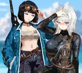 2girls beach belt bird blue_eyes blurry blurry_background blush breasts chest_sarashi choker cigarette cloud diving_suit faust_(project_moon) goggles goggles_on_head hand_on_headwear hangover highres jacket knees_out_of_frame large_breasts limbus_company looking_at_another looking_at_viewer molar_boatworks_(identity)_(project_moon) multiple_girls navel ocean olga_(project_moon) open_clothes open_jacket paulcamadonnas project_moon rain_(project_moon) red_eyes rope ryoshu_(project_moon) sarashi seagull small_breasts unlit_cigarette_in_mouth vest white_hair