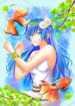 1girl ahoge armlet armpit_crease bare_arms bare_shoulders blue_eyes blue_hair bracelet brand_of_the_exalt breasts clenched_hands collarbone dress eyelashes female_focus fingernails fire_emblem fire_emblem_awakening fire_emblem_heroes flower flower_bracelet hair_between_eyes hair_flower hair_ornament hands_up highres jewelry koi leaves light_smile lips long_hair looking_at_viewer lucina_(fire_emblem) lucina_(valentine)_(fire_emblem) lying matching_hair/eyes moverabbit0305 neck nintendo no_bra official_alternate_costume outdoors partially_submerged ripples rope_belt side_slit sideboob sidelocks sleeveless sleeveless_dress small_breasts sundress symbol_in_eye water white_dress