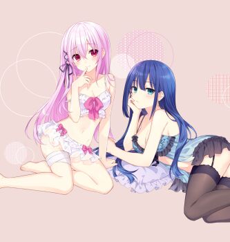 Rule 34 | babydoll, black panties, blue babydoll, blue eyes, blue hair, blue shirt, bra, dark blue hair, detexted, engage kiss, garter straps, highres, kisara (engage kiss), lingerie, panties, pink eyes, pink hair, shirt, thighhighs, third-party edit, tsunako, underwear, white bra, white panties, yuugiri ayano