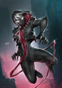 Rule 34 | 1girl, black bodysuit, bodysuit, commentary, dark persona, english commentary, forked tongue, formal clothes, full body, fungkob dtm, gwen stacy, gwenom, highres, hood, long tongue, looking at viewer, marvel, sharp teeth, solo, spider-gwen, spider-man (series), suit, symbiote, teeth, thighs, tongue, venom (marvel), very long tongue