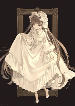 1girl absurdres black_background bonnet commentary dress expressionless full_body grey_eyes grey_hair highres kyuumura lolita_fashion long_hair original picture_frame skirt_hold solo symbol-only_commentary very_long_hair white_dress