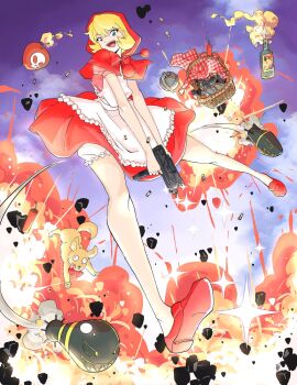 Rule 34 | 1girl, ammunition, apron, b.b. hood, basket, blonde hair, bloomers, blue eyes, bomb, bottle, bow, bowtie, bullet, capelet, cloak, darkstalkers, dog, dress, explosion, explosive, fake food, frankace, frilled apron, frills, from below, full body, grenade, gun, handgun, harry (darkstalkers), highres, holding, holding gun, holding weapon, hood, hood up, hooded cloak, looking at viewer, mac-10/11, machine gun, missile, molotov cocktail, o o, open mouth, picnic basket, puffy short sleeves, puffy sleeves, red bow, red dress, red hood, red shoes, red skirt, sharp teeth, shell casing, shoes, short hair, short sleeves, skirt, skull print, smile, smoke, solo, submachine gun, teeth, underwear, weapon, white apron, white bloomers
