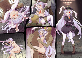 abs after_rape aftersex anal animal_ears arms_behind_head arms_up belt black_gloves black_hair blonde_hair boots breasts brick_floor brown_boots carrot_print cleavage_cutout closed_eyes clothes_lift clothing_cutout commentary completely_nude crying cuffs cum cum_in_ass cum_in_mouth cum_in_pussy cum_on_body cum_on_breasts cum_on_upper_body cumdrip cunnilingus cunnilingus_through_clothes double_penetration faceless faceless_male floppy_ears food_print futa_(nabezoko) gloves grabbing_another's_breast groping handcuffs hat leggings long_hair long_sleeves lying military_hat military_uniform miniskirt missionary necktie nude on_back on_side one_eye_closed open_mouth oral orange_necktie panties prisoner punishment purple_hat purple_panties pussy_juice_stain rabbit_ears rape red_eyes reisen_udongein_inaba restrained reverse_suspended_congress sad sandwiched screaming sex sex_from_behind shadow short_hair skirt skirt_lift sound_effects speech_bubble squeezing suspended_congress tears topless_female touhou translated underwear vaginal very_long_hair visor_cap white_leggings